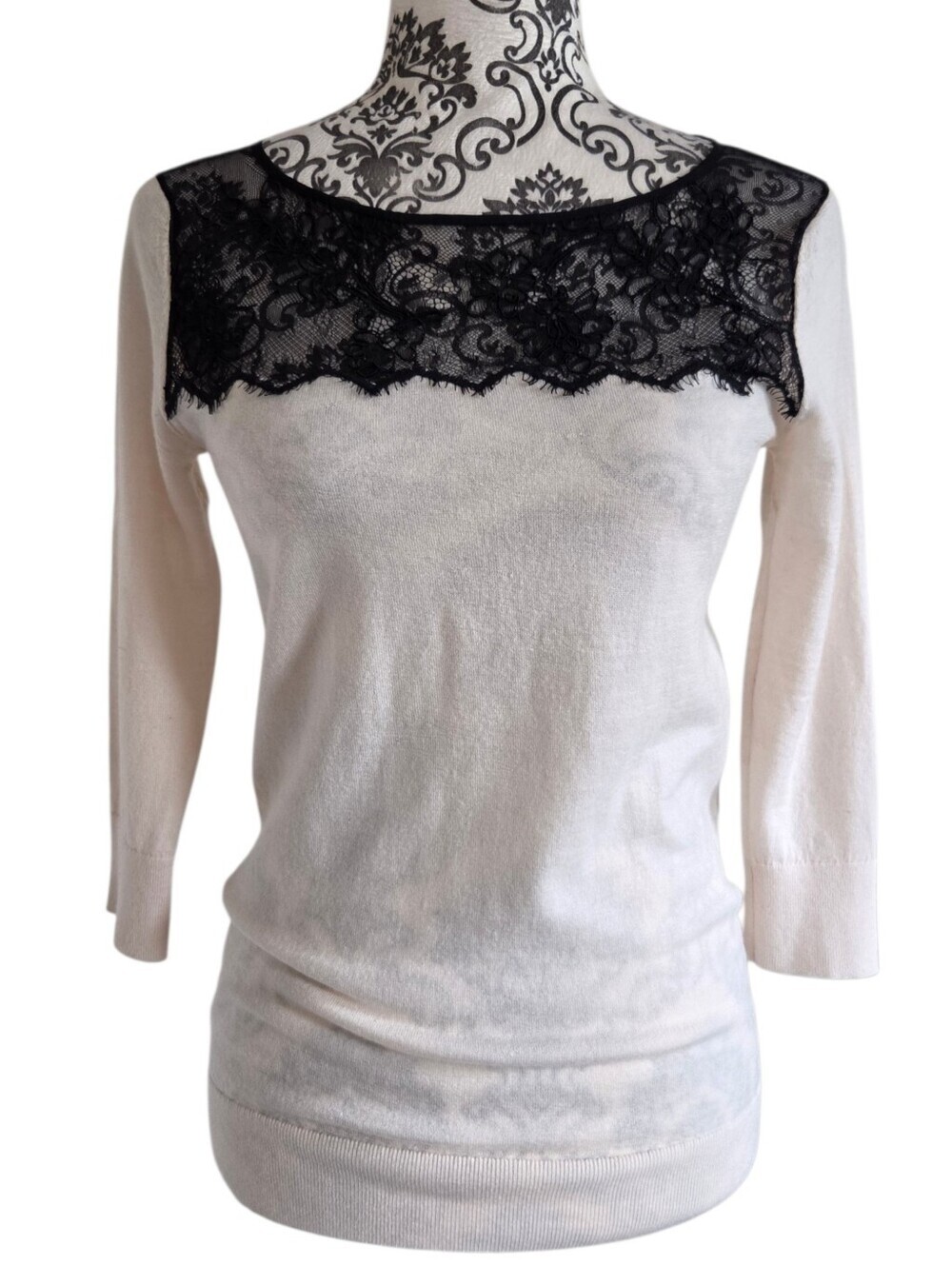 Club Monaco Nelma Lace Sweater Women Small Cream Black Wool - Picture 2 of 9